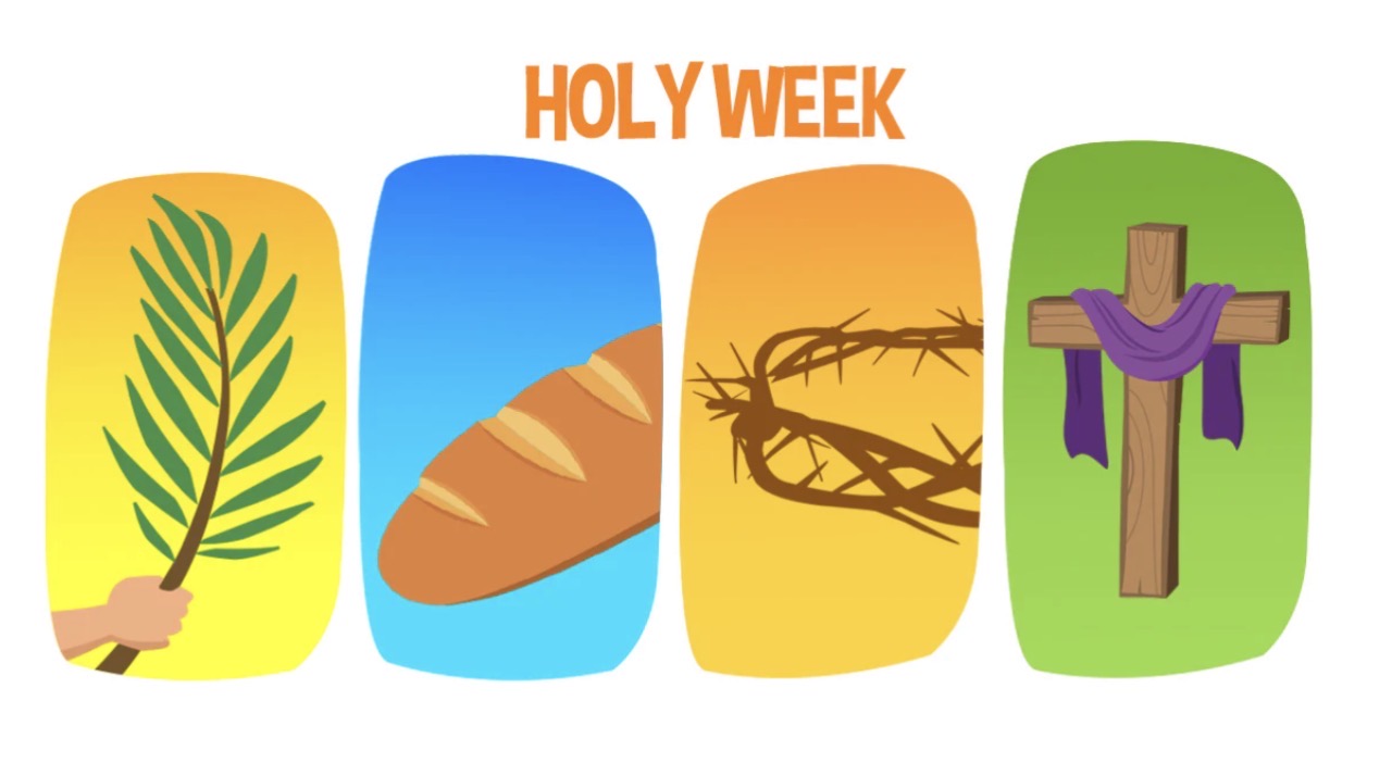 Holy Week text with images of a palm branch, bread, crown of thorns and a cross draped with purple cloth